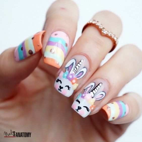 35 Cute and Easy Easter Nail Designs for 2019; bunny nails; cute nails; easy nails; short nails; flowers nails; fuzzy animals nails. Easter is all about flowers, fuzzy animals, candy and pastels. And all of these things you can painting nails, which would look amazing.