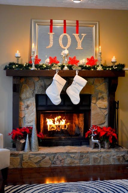 Farmhouse Christmas Mantel; traditional Christmas fireplace mantel; Rustic Christmas Mantel; fireplace christmas decor; Christmas mantel with TV; simple mantel decor. 