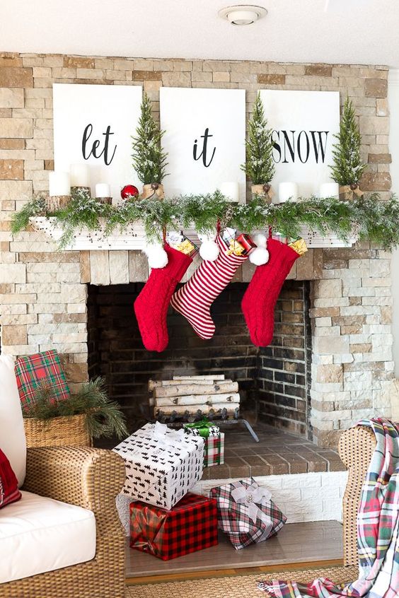 Farmhouse Christmas Mantel; traditional Christmas fireplace mantel; Rustic Christmas Mantel; fireplace christmas decor; Christmas mantel with TV; simple mantel decor. 