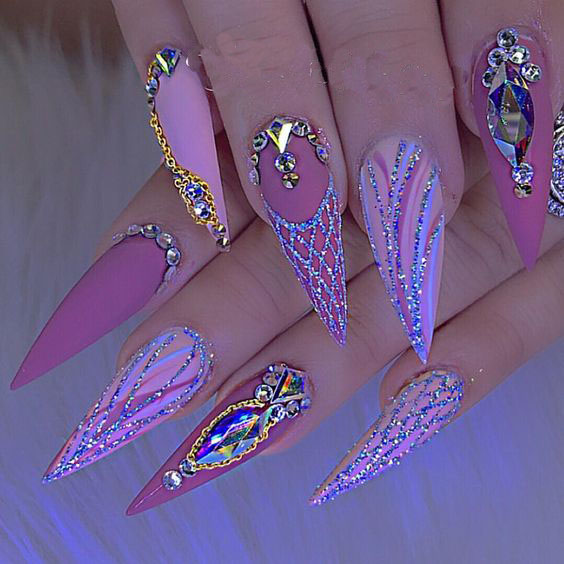 sparkling；Pointed；matte；acrylic；long；glitter；jewels